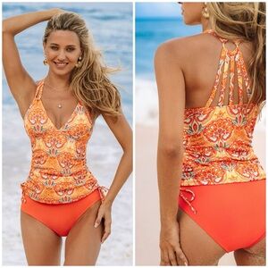 NWT Cupshe Floral‎ V-Neck Tankini Top & Standard Bottoms Set Orange Medium